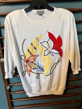Vintage 80s/90s P. Gelli Wearable Art Novelty Sweatshirt-Sequin Floral Appliqué
